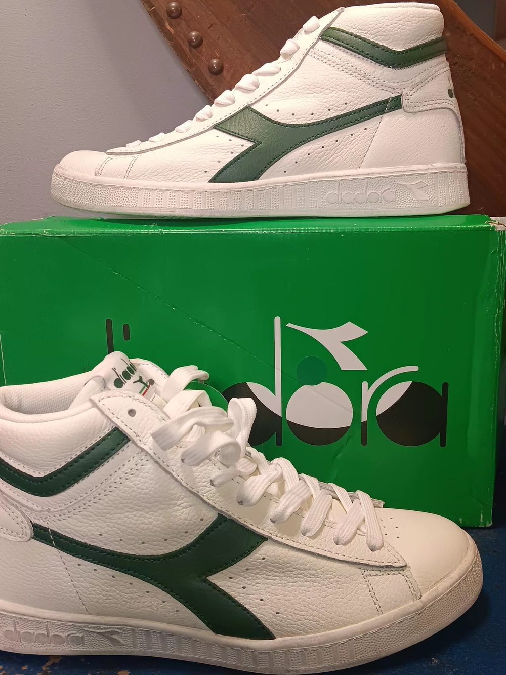 Diadora White Leather High-Top Sneakers with Green Accents